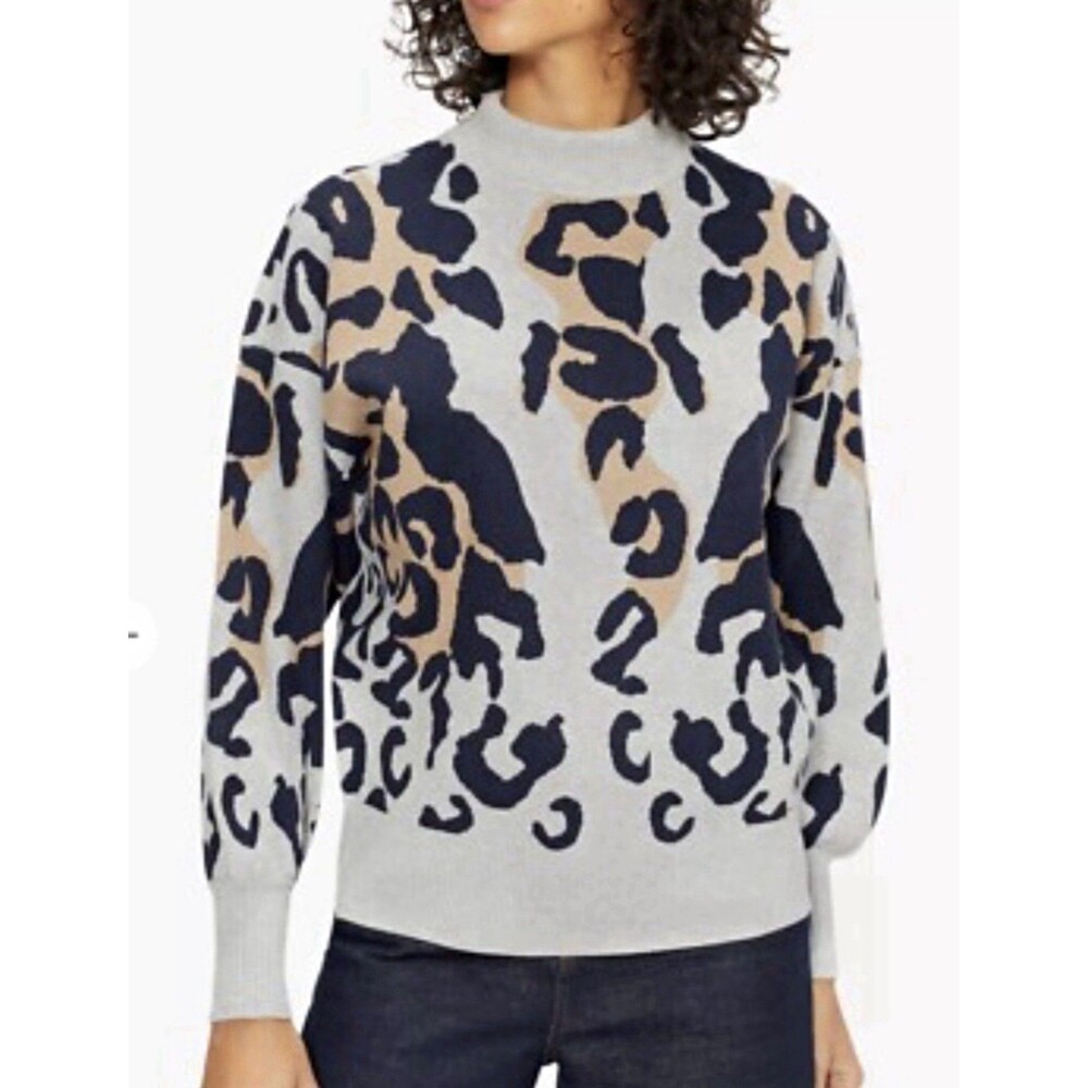Ted Baker London Gray Tan Navy Leopard Mock Neck Balloon Sleeve Sweater 2/small